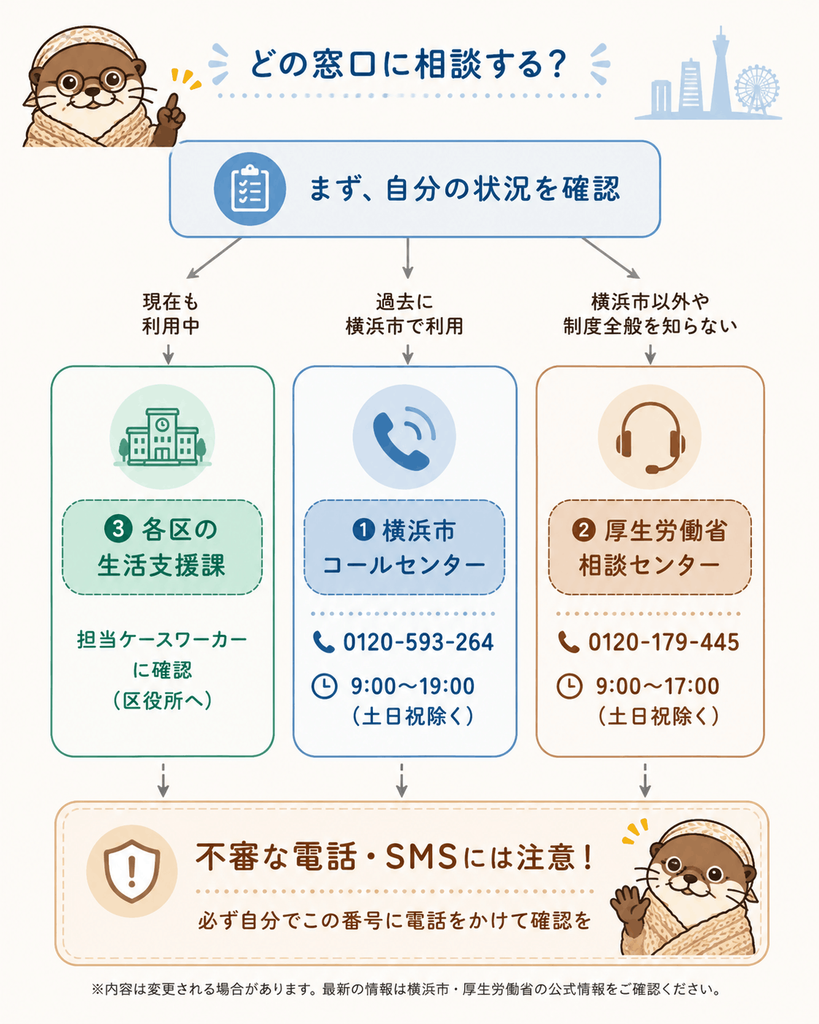 生活保護費追加給付の相談窓口の使い分けを
示した図。現在も利用中は各区の生活支援課、
過去に横浜市で利用は横浜市コールセンター
（0120-593-264）、制度全般は厚生労働省
相談センター（0120-179-445）。
不審な電話・SMSに注意。